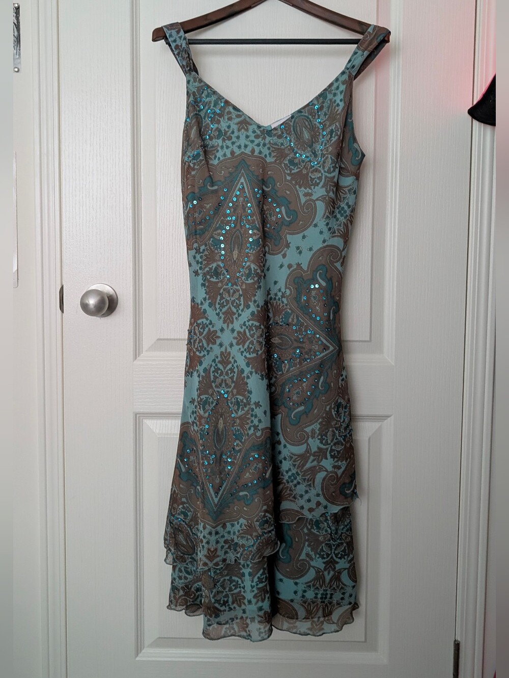 Vintage Midi Dress With Sequins And Blue/Brown Paisley Pattern